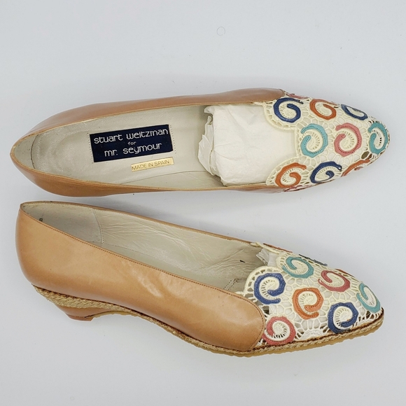 NIB Vintage 80s Stuart Weitzman Mr. Seymour Crochet Tan Shoes Wedged Flats 9 10 - Picture 1 of 12